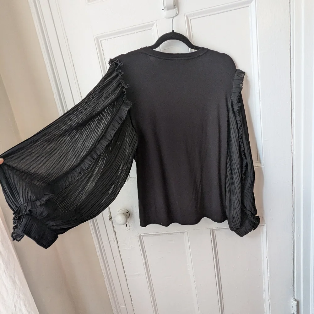 Elie Tahari Black Ruffled Top with Sheer Balloon Sleeves - Size L